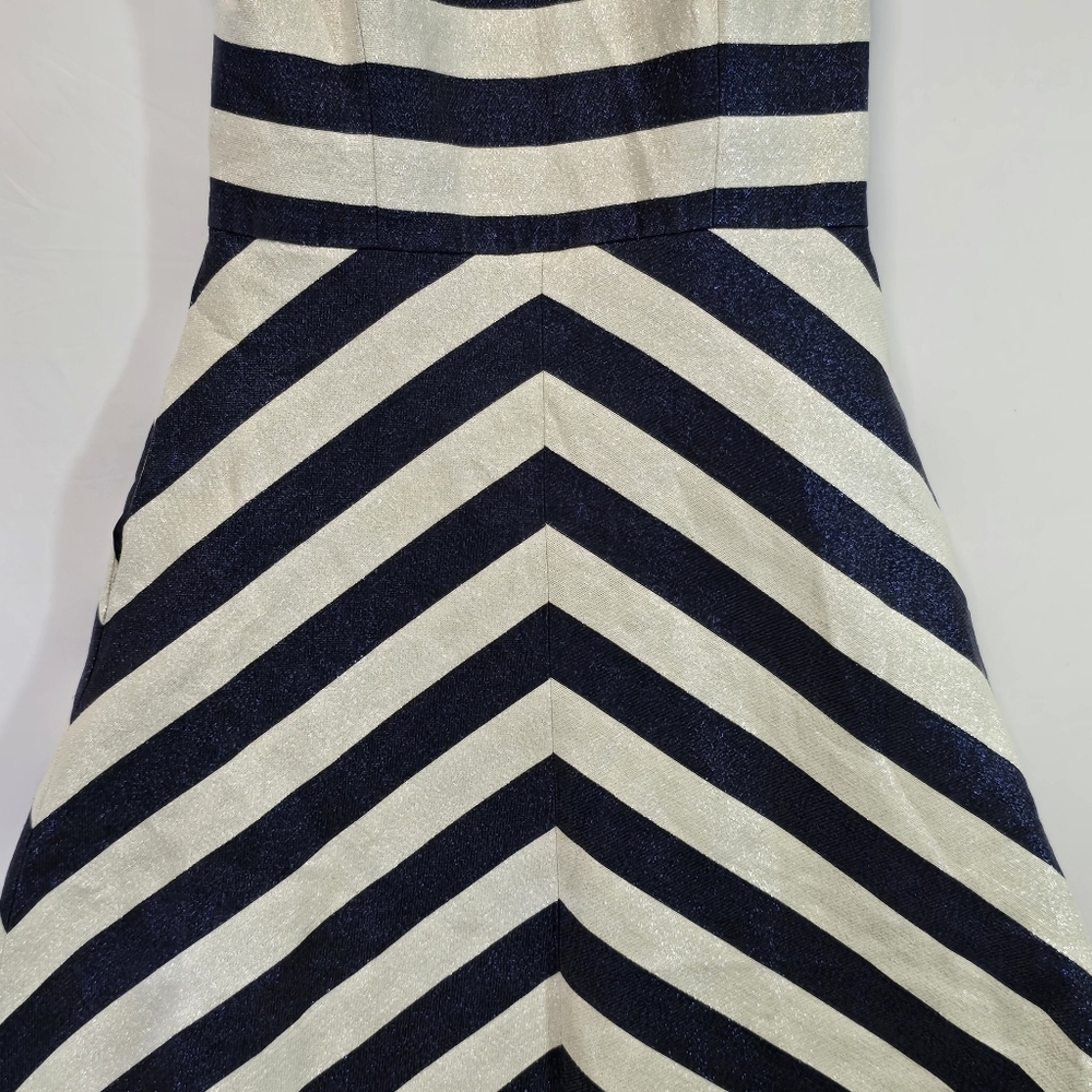 Shoshanna Midnight Metallic Silver Blue Stripe Halter Evening Dress Prom Wedding - Picture 3 of 13